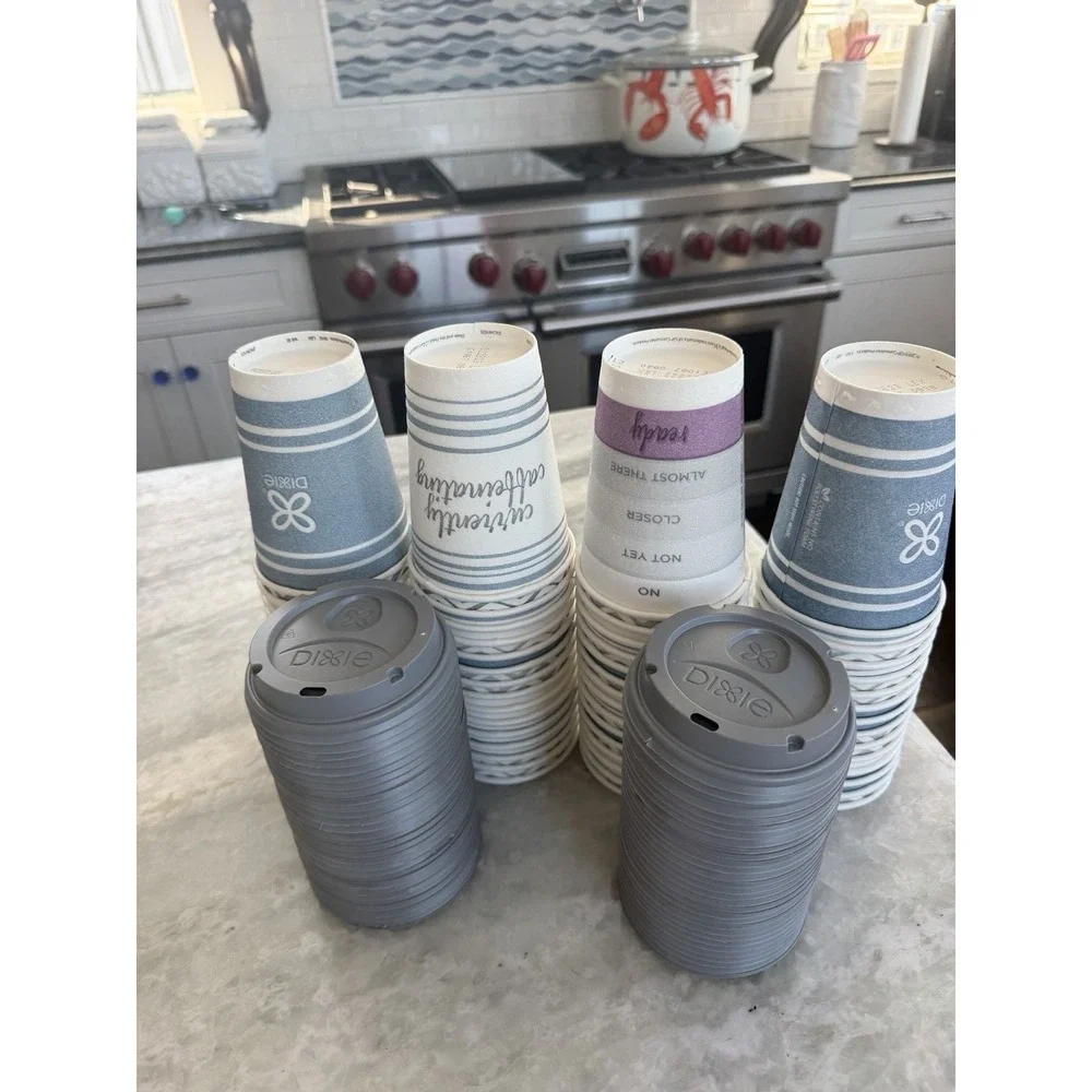 Opened Dixie To Go 59 insulated Disposable Coffee Cups 12 oz & Lids variety pack